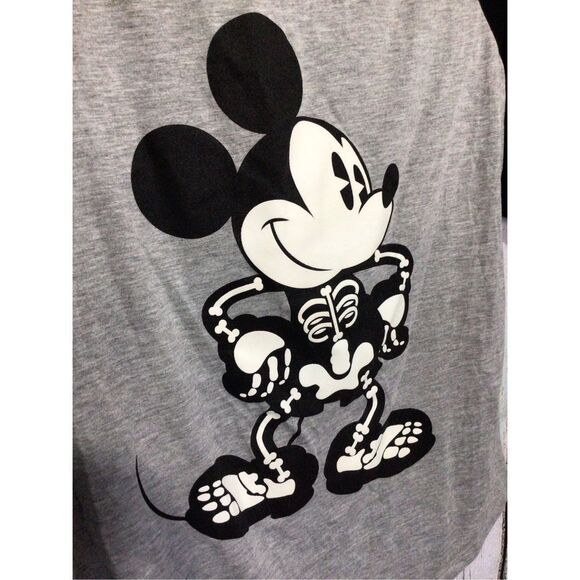 Disney Mickey Mouse Skeleton V Neck Tee Size Large Junior Women’s Gray Blak - Picture 2 of 14